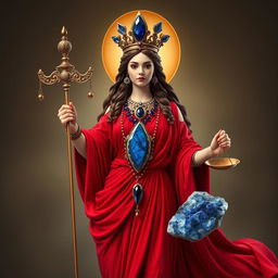 A realistic representation of the Goddess of Justice, adorned in a striking red flowing dress that symbolizes passion and fairness