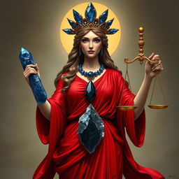 A realistic representation of the Goddess of Justice, adorned in a striking red flowing dress that symbolizes passion and fairness