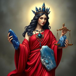 A realistic representation of the Goddess of Justice, adorned in a striking red flowing dress that symbolizes passion and fairness