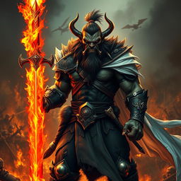 A fierce orc man clad in black armor, complemented by a flowing white cape