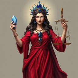 A realistic depiction of the Goddess of Justice, elegantly dressed in a red flowing dress that embodies strength and fairness