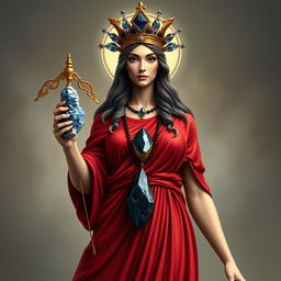 A realistic depiction of the Goddess of Justice, elegantly dressed in a red flowing dress that embodies strength and fairness