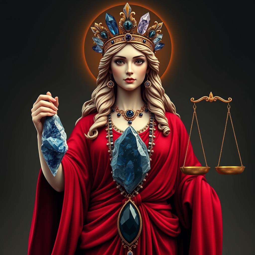 A realistic depiction of the Goddess of Justice, elegantly dressed in a red flowing dress that embodies strength and fairness