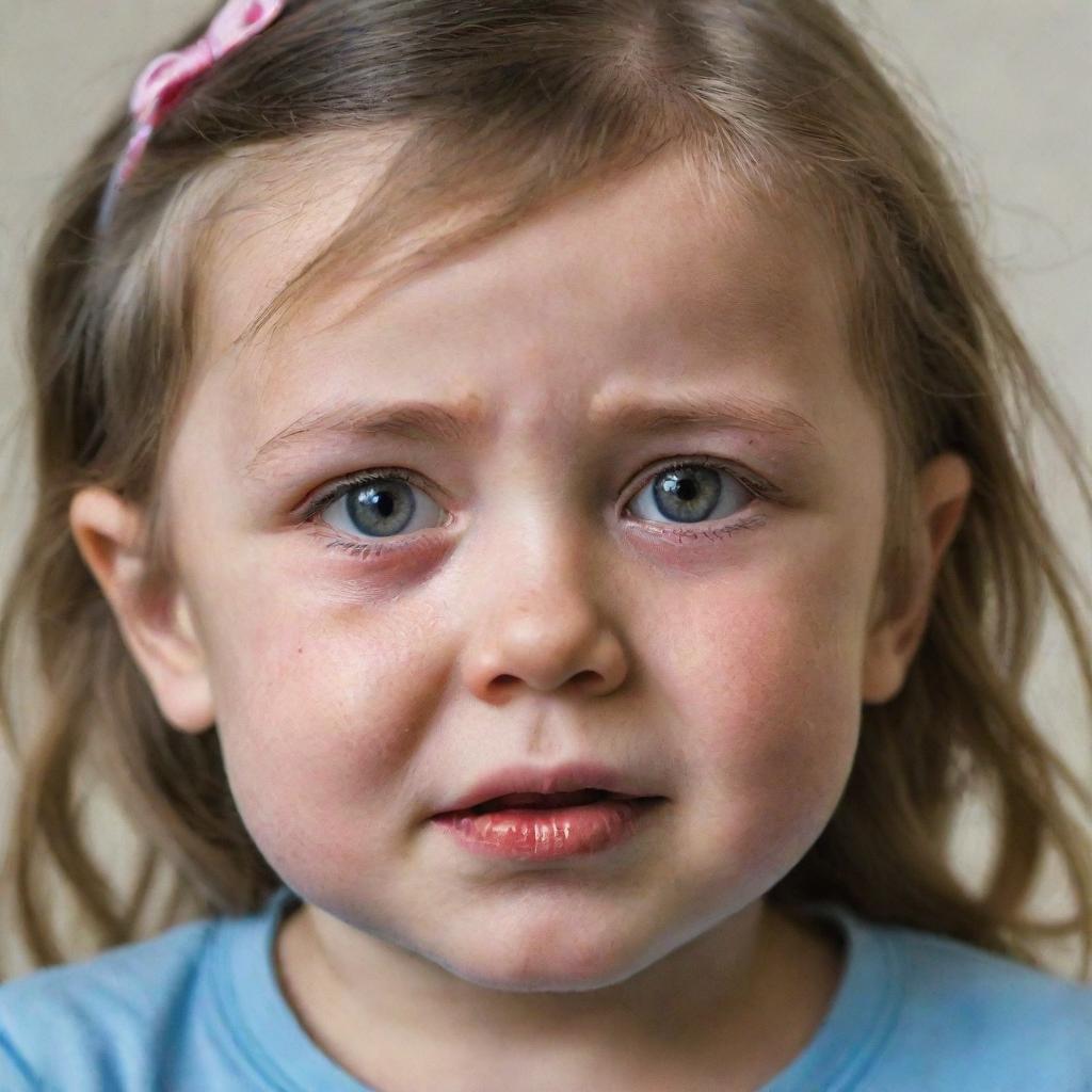 A 3-year-old girl with teary eyes and a sad expression, her face flushed from crying.