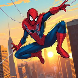 A vibrant and dynamic illustration of Spider-Man swinging through the city skyline of New York, showcasing his iconic red and blue costume with web patterns