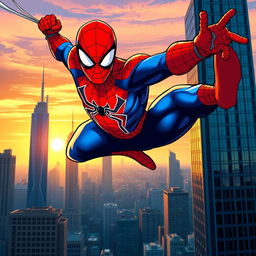 A vibrant and dynamic illustration of Spider-Man swinging through the city skyline of New York, showcasing his iconic red and blue costume with web patterns