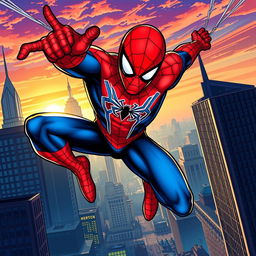 A vibrant and dynamic illustration of Spider-Man swinging through the city skyline of New York, showcasing his iconic red and blue costume with web patterns