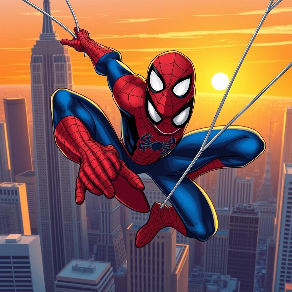 A vibrant and dynamic illustration of Spider-Man swinging through the city skyline of New York, showcasing his iconic red and blue costume with web patterns