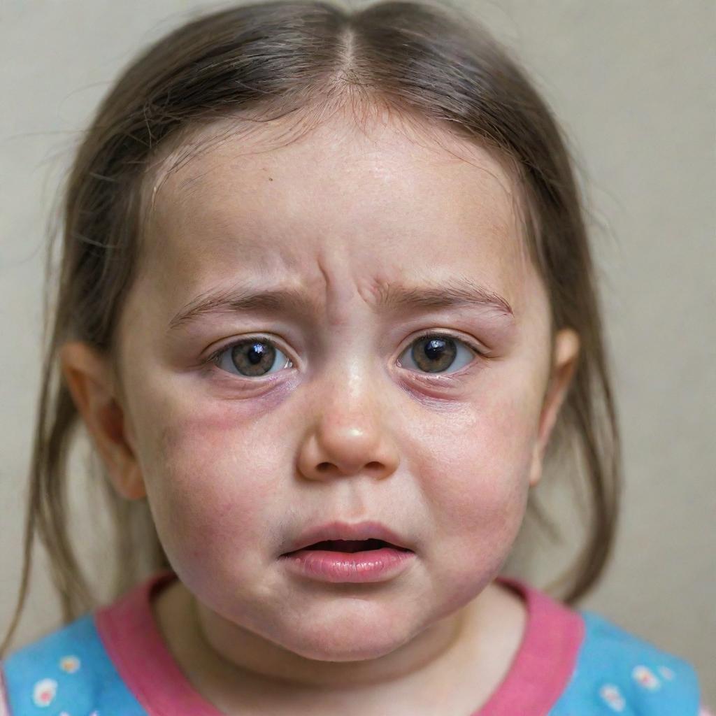 A 3-year-old girl with teary eyes and a sad expression, her face flushed from crying.