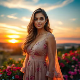 A captivating, confident woman standing gracefully against a scenic backdrop of a sunset over lush flower gardens