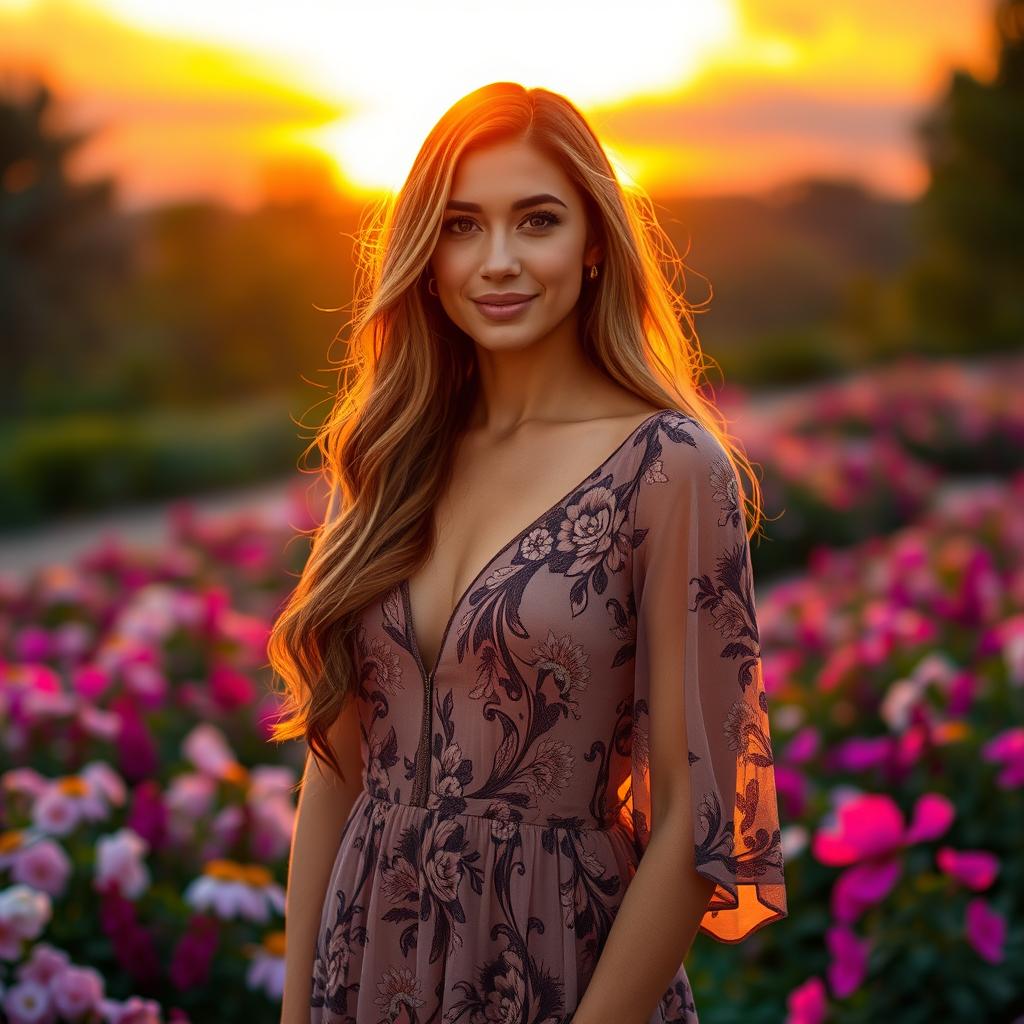 A captivating, confident woman standing gracefully against a scenic backdrop of a sunset over lush flower gardens