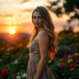 A captivating, confident woman standing gracefully against a scenic backdrop of a sunset over lush flower gardens