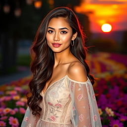 A captivating, confident woman standing gracefully against a scenic backdrop of a sunset over lush flower gardens