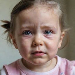 A 3-year-old girl with teary eyes and a sad expression, her face flushed from crying.