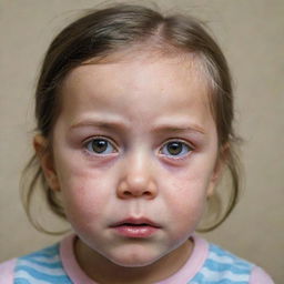 A 3-year-old girl with teary eyes and a sad expression, her face flushed from crying.