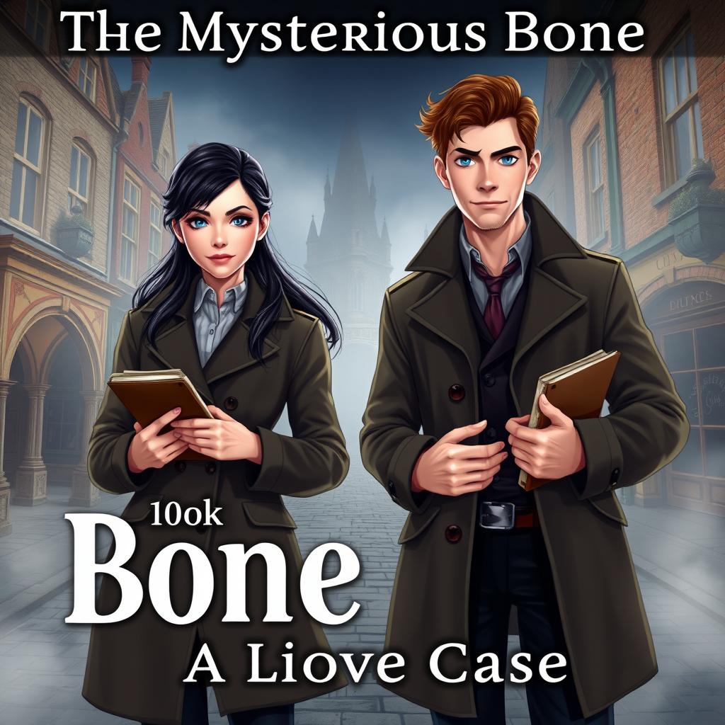 a female detective with blue eyes, fair skin, and long dark hair, and a male detective with fair skin and brown eyes, both wearing classic detective clothing, standing in a cityscape of England