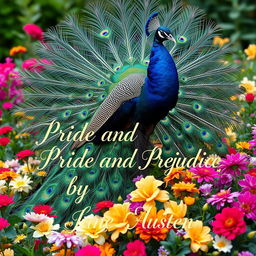 A majestic peacock elegantly perched among vibrant flowers, its feathers fanned out in a dazzling display of iridescent blues and greens