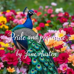 A majestic peacock elegantly perched among vibrant flowers, its feathers fanned out in a dazzling display of iridescent blues and greens