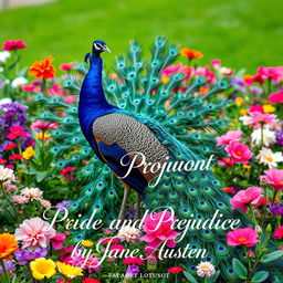 A majestic peacock elegantly perched among vibrant flowers, its feathers fanned out in a dazzling display of iridescent blues and greens