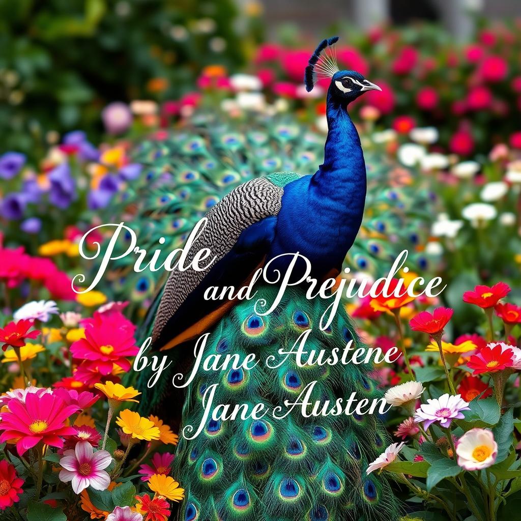 A majestic peacock elegantly perched among vibrant flowers, its feathers fanned out in a dazzling display of iridescent blues and greens