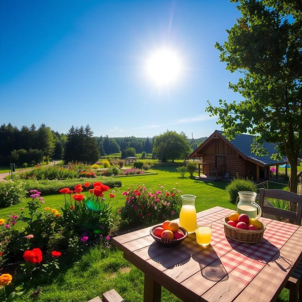 A picturesque summer scene at a cozy countryside dacha, with lush green gardens, vibrant flowers in full bloom, and a small wooden house