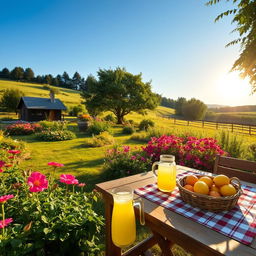 A picturesque summer scene at a cozy countryside dacha, with lush green gardens, vibrant flowers in full bloom, and a small wooden house