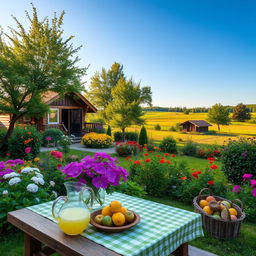 A picturesque summer scene at a cozy countryside dacha, with lush green gardens, vibrant flowers in full bloom, and a small wooden house