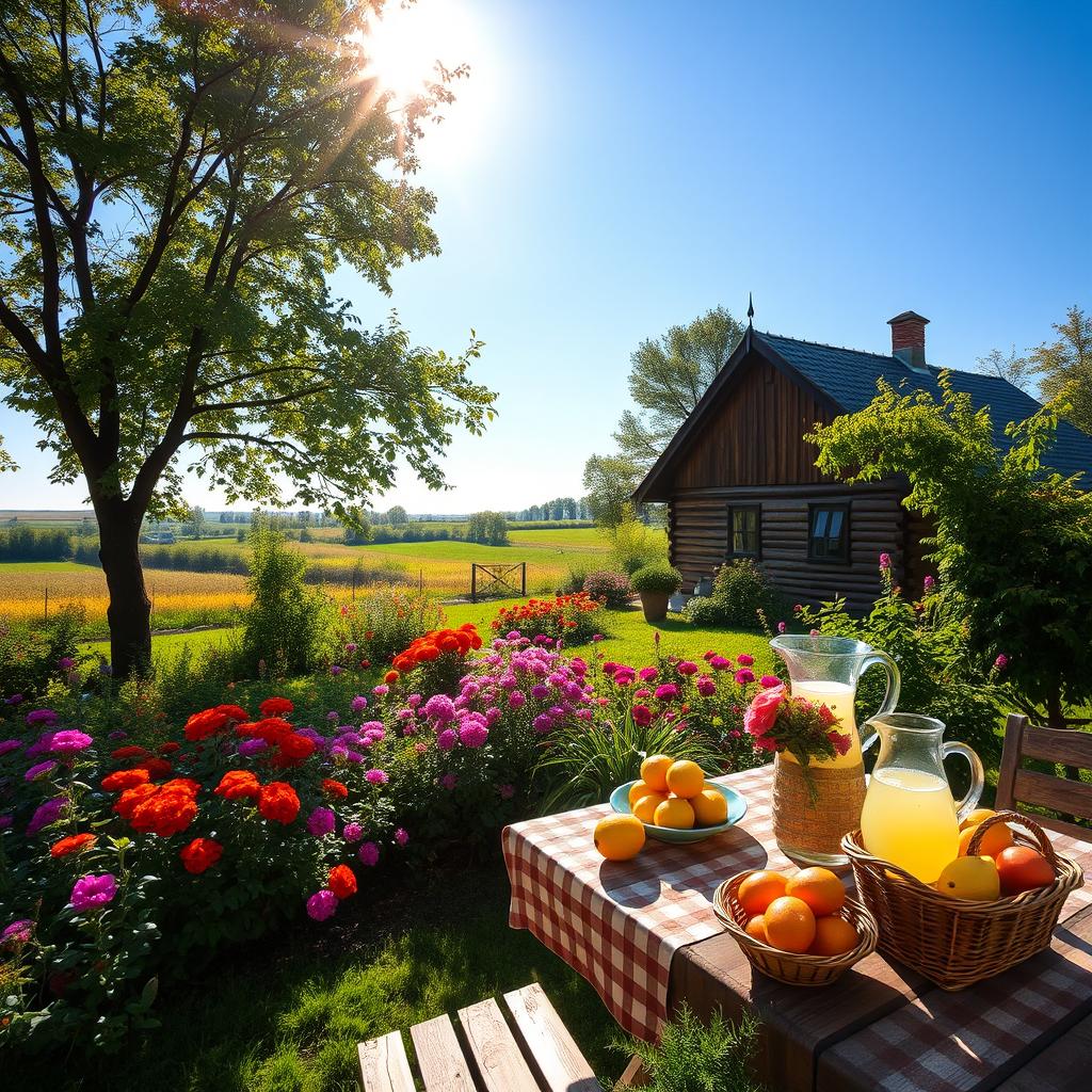 A picturesque summer scene at a cozy countryside dacha, with lush green gardens, vibrant flowers in full bloom, and a small wooden house