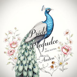 A detailed drawing of a peacock poised gracefully amidst blooming flowers, its resplendent tail feathers elegantly displayed