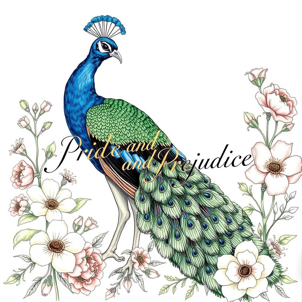 A detailed drawing of a peacock poised gracefully amidst blooming flowers, its resplendent tail feathers elegantly displayed