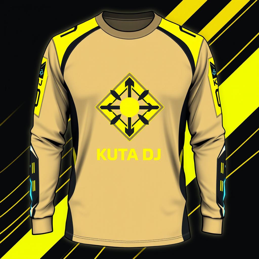 Design a long-sleeve e-sports t-shirt incorporating the 'KUTA DJ' logo