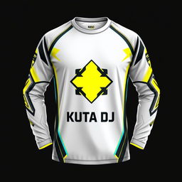 Design a long-sleeve e-sports t-shirt incorporating the 'KUTA DJ' logo