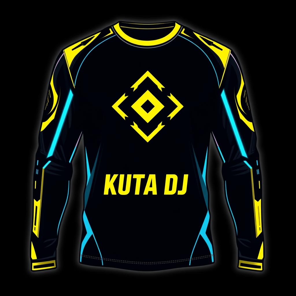 Design a long-sleeve e-sports t-shirt incorporating the 'KUTA DJ' logo