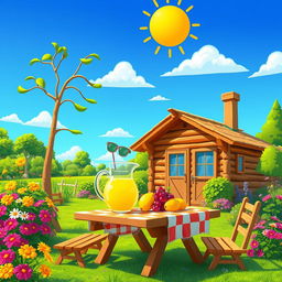 An animated cartoon scene depicting a summer day at a cozy dacha in the countryside