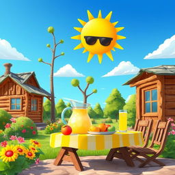 An animated cartoon scene depicting a summer day at a cozy dacha in the countryside