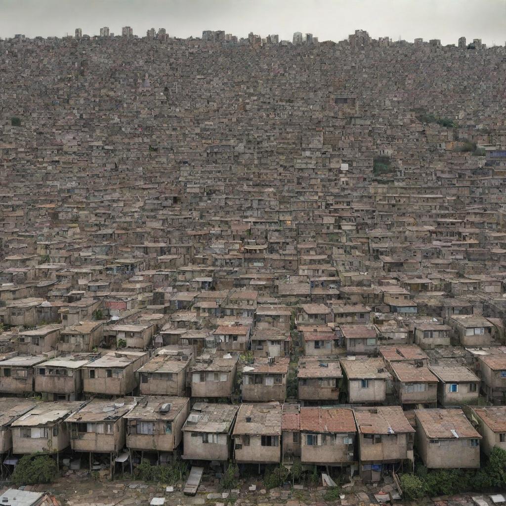 Photomontage of a densely populated squatter settlement set against an urban city backdrop, highlighting the stark contrast between the city's modern architecture and the settlement's makeshift dwellings.