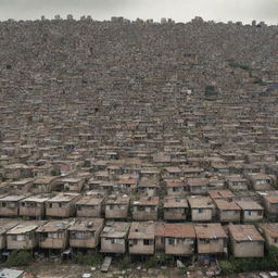 Photomontage of a densely populated squatter settlement set against an urban city backdrop, highlighting the stark contrast between the city's modern architecture and the settlement's makeshift dwellings.