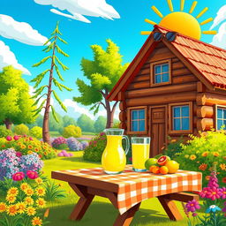 An animated cartoon scene depicting a summer day at a cozy dacha in the countryside