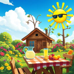 An animated cartoon scene depicting a summer day at a cozy dacha in the countryside