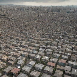 Photomontage of a densely populated squatter settlement set against an urban city backdrop, highlighting the stark contrast between the city's modern architecture and the settlement's makeshift dwellings.