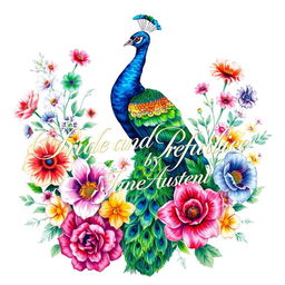 A beautifully detailed drawing of a peacock surrounded by colorful flowers, showcasing a spectrum of vibrant hues