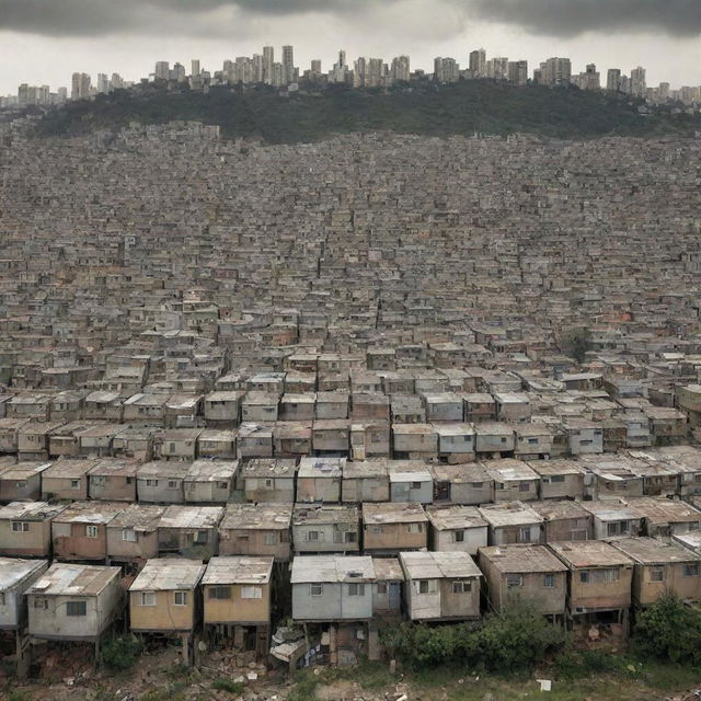 Photomontage of a densely populated squatter settlement set against an urban city backdrop, highlighting the stark contrast between the city's modern architecture and the settlement's makeshift dwellings.