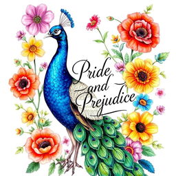 A beautifully detailed drawing of a peacock surrounded by colorful flowers, showcasing a spectrum of vibrant hues