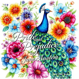 A beautifully detailed drawing of a peacock surrounded by colorful flowers, showcasing a spectrum of vibrant hues