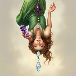 A realistic portrayal of the Goddess of Spiritual Insight, hanging upside down with grace and poise