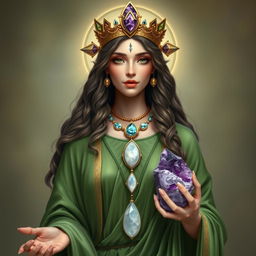 A realistic depiction of the Goddess of Spiritual Insight, elegantly dressed in enchanting green attire that symbolizes growth and renewal