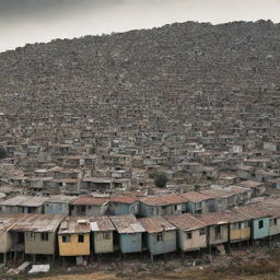 Photomontage of a densely populated squatter settlement set against an urban city backdrop, highlighting the stark contrast between the city's modern architecture and the settlement's makeshift dwellings.