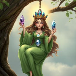 A realistic depiction of the Goddess of Spiritual Insight, gracefully hanging from a tree, embodying a sense of mystical serenity