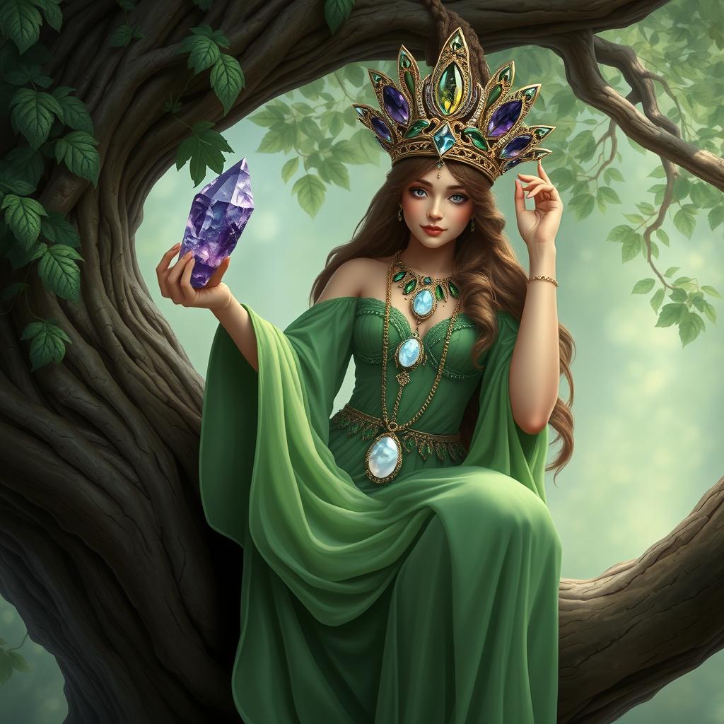 A realistic depiction of the Goddess of Spiritual Insight, gracefully hanging from a tree, dressed in enchanting green attire that signifies growth and renewal