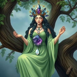 A realistic depiction of the Goddess of Spiritual Insight, gracefully hanging from a tree, dressed in enchanting green attire that signifies growth and renewal